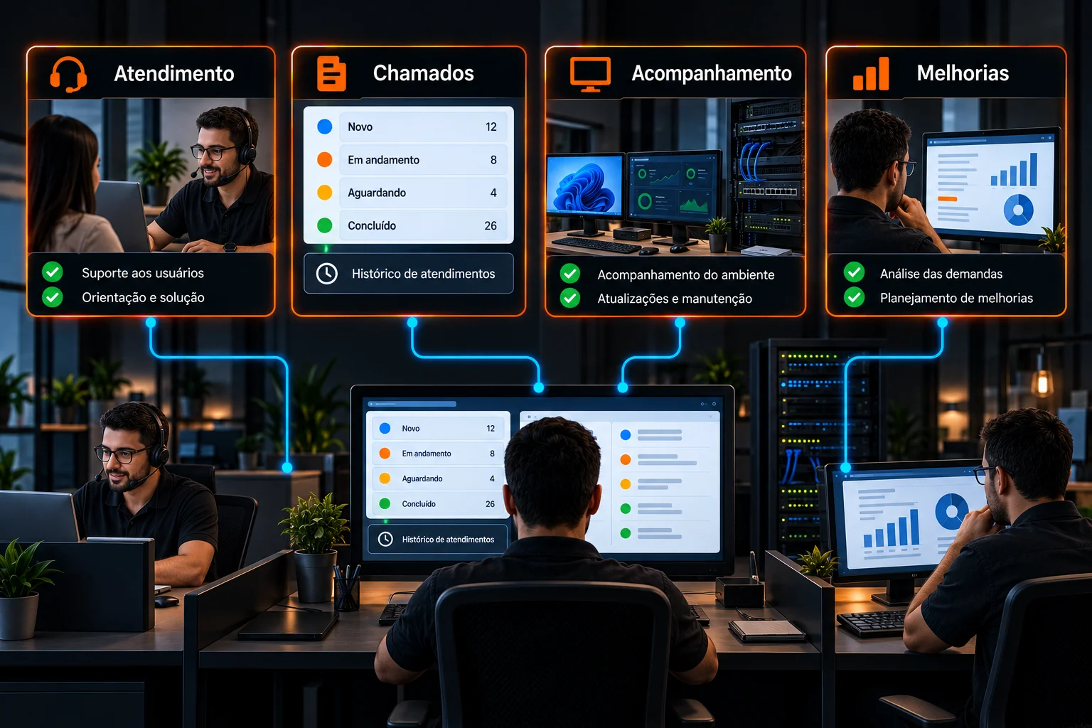Atendimento, chamados e acompanhamento do ambiente