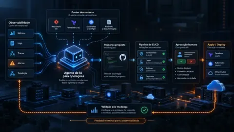 Infográfico sobre agentes de IA aplicados a DevOps e infraestrutura, mostrando um fluxo operacional em que sinais de observabilidade e fontes de contexto alimentam um agente, que investiga o incidente, consulta Git, IaC, Kubernetes e runbooks, propõe uma mudança por Pull Request, passa por pipeline de validação, aprovação humana e aplicação controlada da correção.