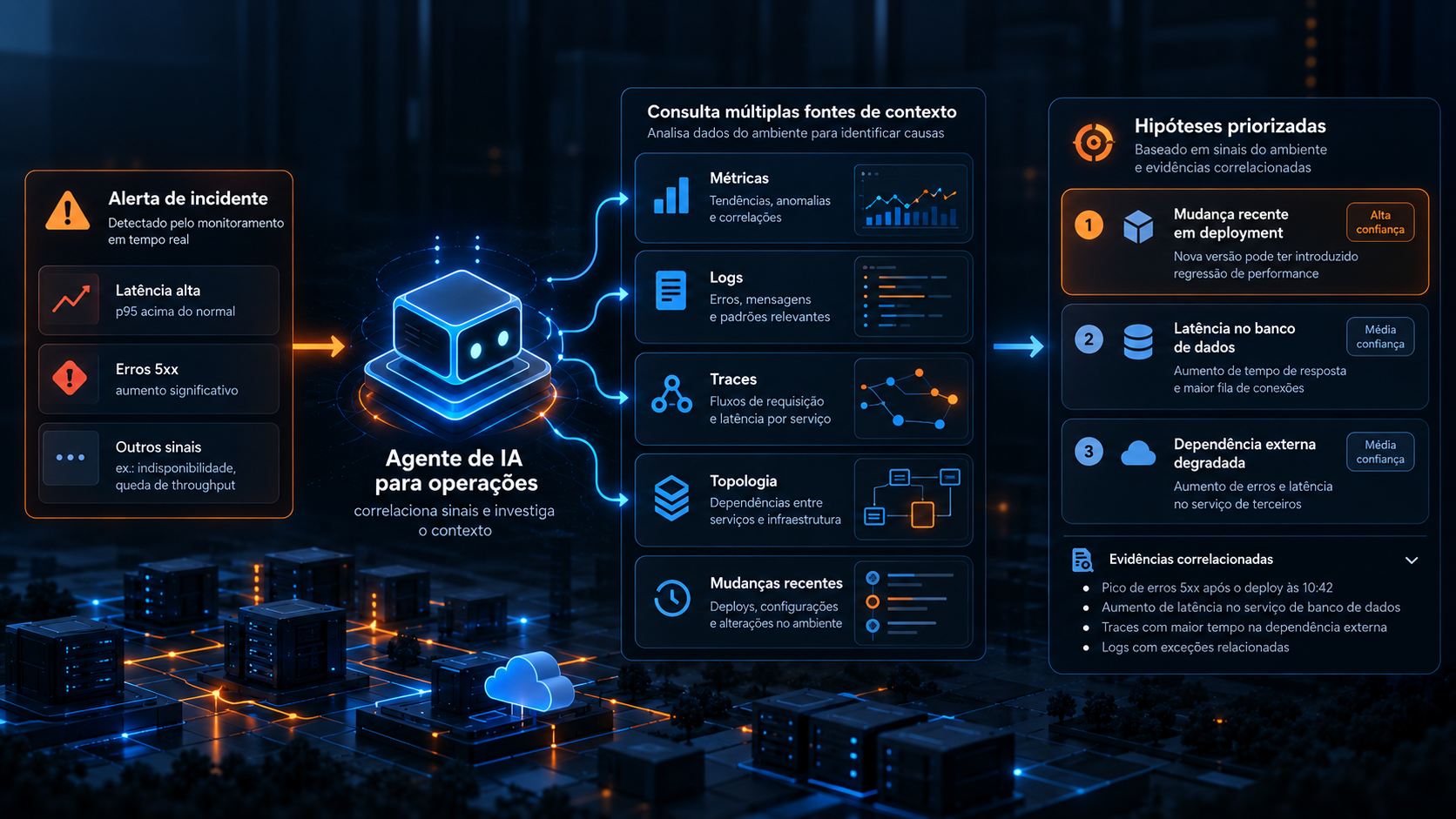 Diagrama mostrando um agente de IA para operações recebendo um alerta de incidente, consultando múltiplas fontes de contexto — como métricas, logs, traces, topologia e mudanças recentes — e gerando hipóteses priorizadas com base em evidências correlacionadas.