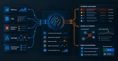 Fluxo visual de AIOps mostrando métricas, logs, eventos, alertas e topologia sendo analisados por inteligência artificial para correlacionar sinais, detectar anomalias, sugerir causa provável, prever capacidade e apoiar a resposta a incidentes.