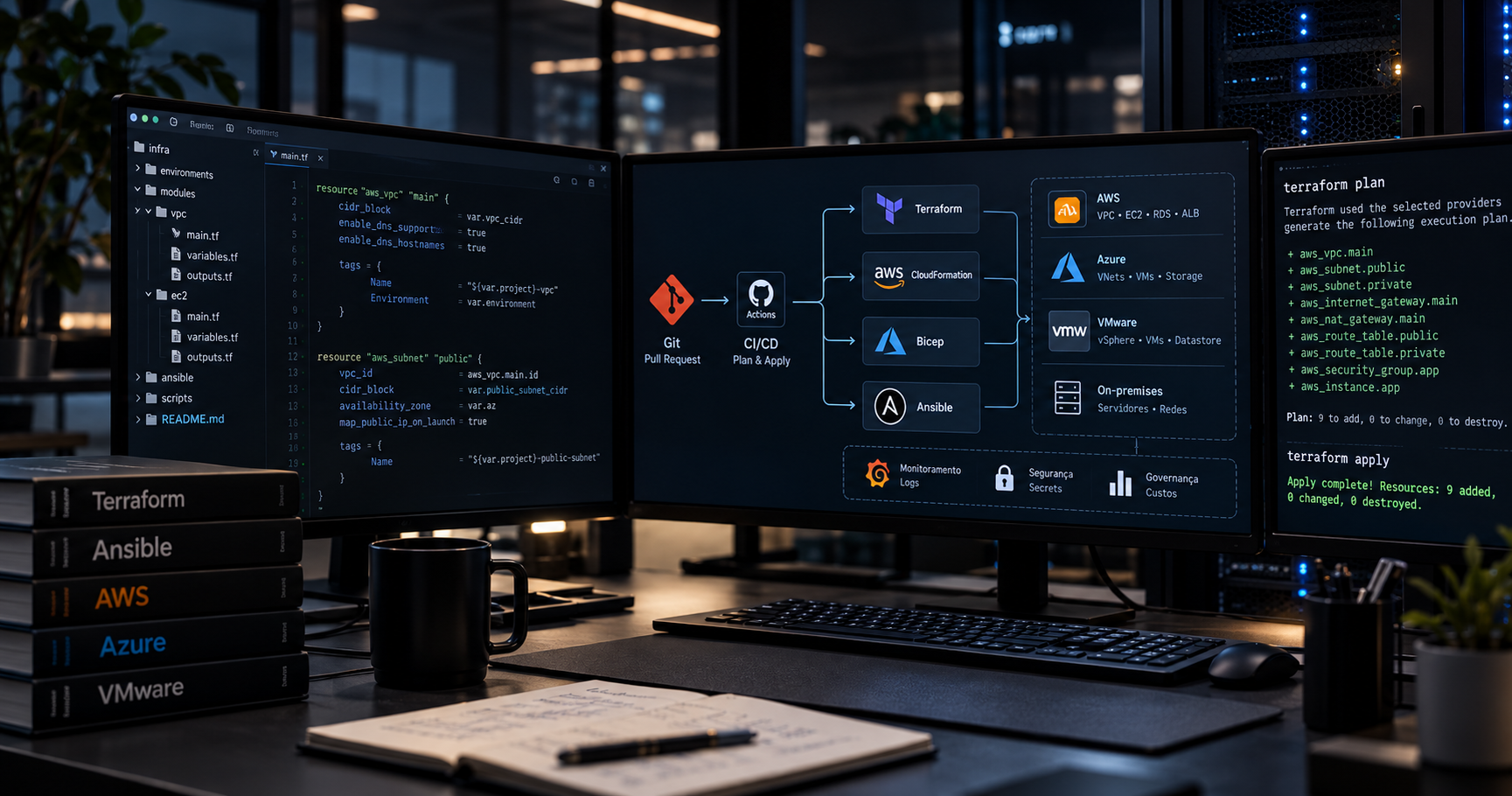 Ambiente profissional de automação de infraestrutura com código Terraform, pipeline CI/CD e integração entre AWS, Azure, VMware e ambientes on-premises.