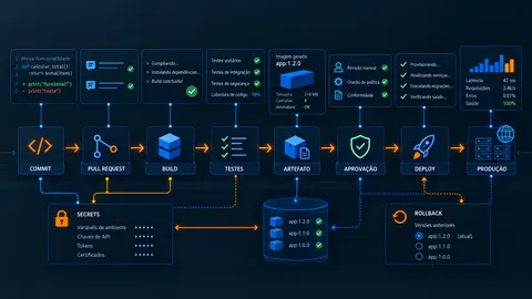Fluxo técnico de CI/CD conectando código, validações, build, testes, artefato, aprovação, deploy, produção e observabilidade.