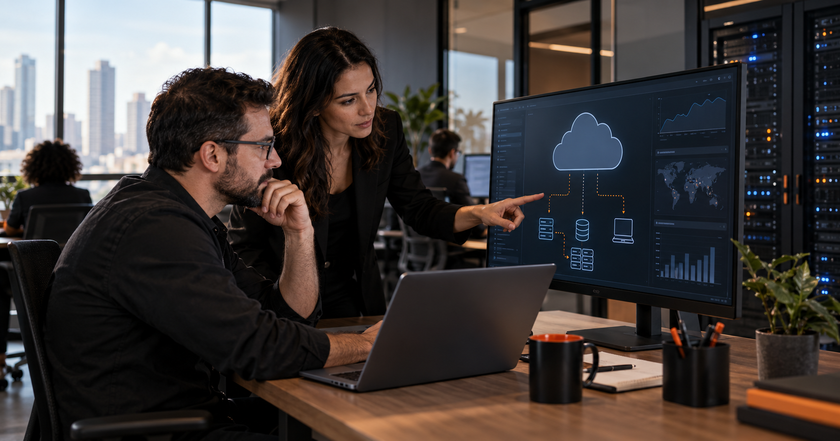 Profissionais de tecnologia analisando uma arquitetura de Cloud Computing em um ambiente corporativo moderno, com servidores, infraestrutura em nuvem, monitoramento e recursos computacionais integrados.