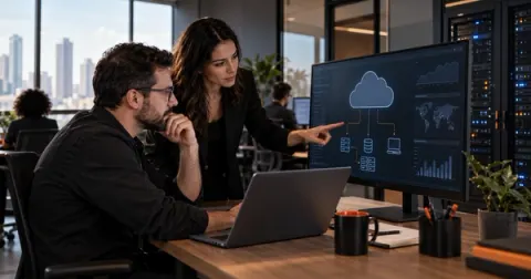Profissionais de tecnologia analisando uma arquitetura de Cloud Computing em um ambiente corporativo moderno, com servidores, infraestrutura em nuvem, monitoramento e recursos computacionais integrados.