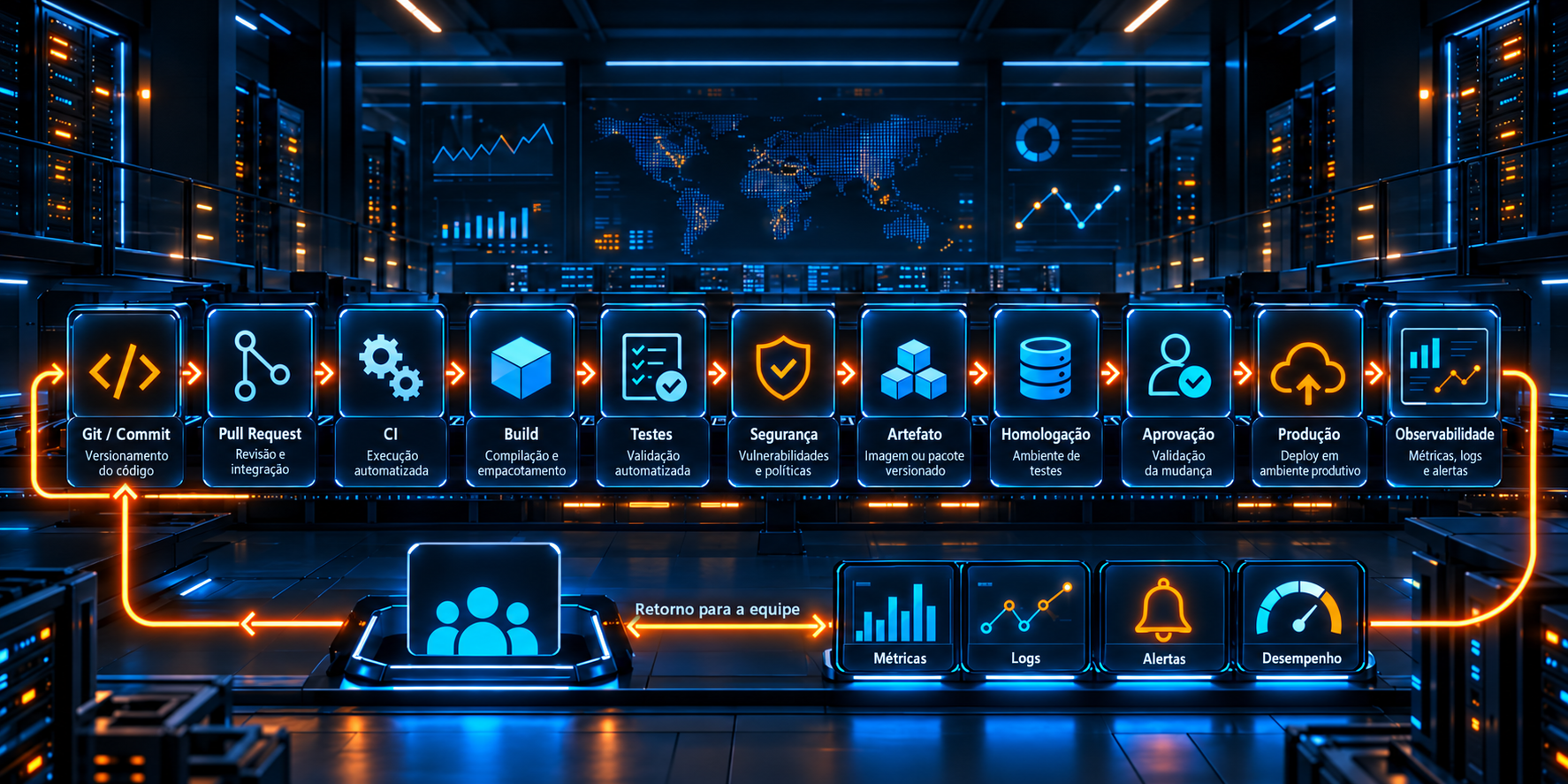 Ilustração de um fluxo DevOps com etapas de código, CI, testes, artefato, deploy, produção e observabilidade em um ambiente tecnológico.