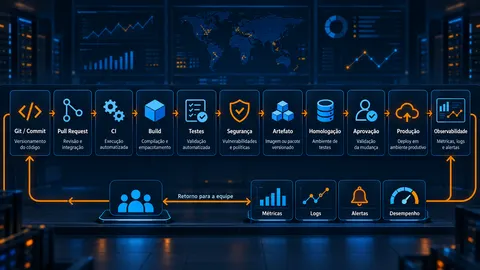 Ilustração de um fluxo DevOps com etapas de código, CI, testes, artefato, deploy, produção e observabilidade em um ambiente tecnológico.