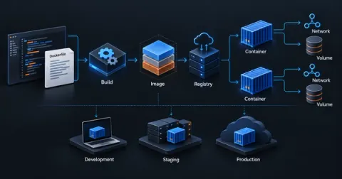 Fluxo visual do Docker mostrando Dockerfile, build, imagem, registry, containers, rede, volumes e execução em diferentes ambientes.