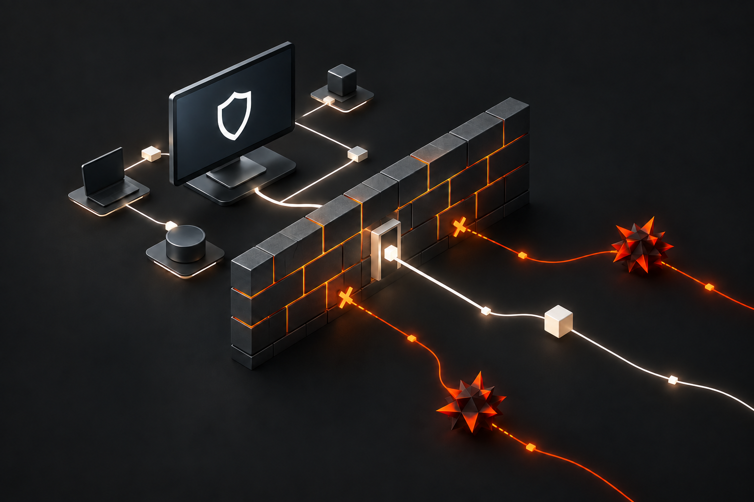 Ilustração isométrica de um firewall bloqueando ameaças e permitindo conexões autorizadas para uma rede corporativa.