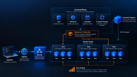 Diagrama conceitual da arquitetura Kubernetes mostrando o Control Plane coordenando Worker Nodes, Pods, Deployments e Services, além da relação com imagens de containers armazenadas em registry, escalabilidade e mecanismos de auto-recuperação.
