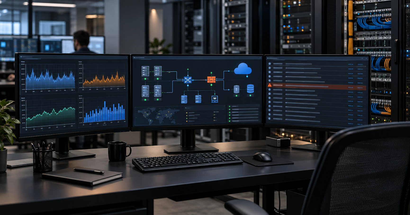Central de monitoramento de infraestrutura de TI com três telas exibindo métricas de desempenho, topologia de rede, servidores, cloud e alertas operacionais, em um ambiente corporativo com racks de servidores ao fundo.