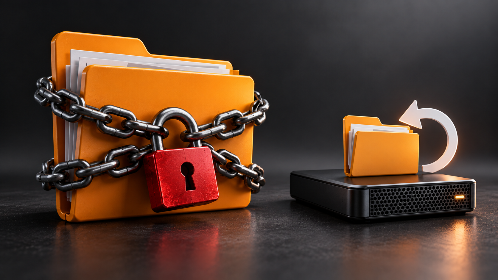 Ilustração sobre proteção contra ransomware e recuperação de dados, mostrando arquivos bloqueados por corrente e cadeado ao lado de uma cópia de backup disponível para restauração.