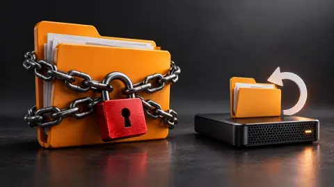 Ilustração sobre proteção contra ransomware e recuperação de dados, mostrando arquivos bloqueados por corrente e cadeado ao lado de uma cópia de backup disponível para restauração.