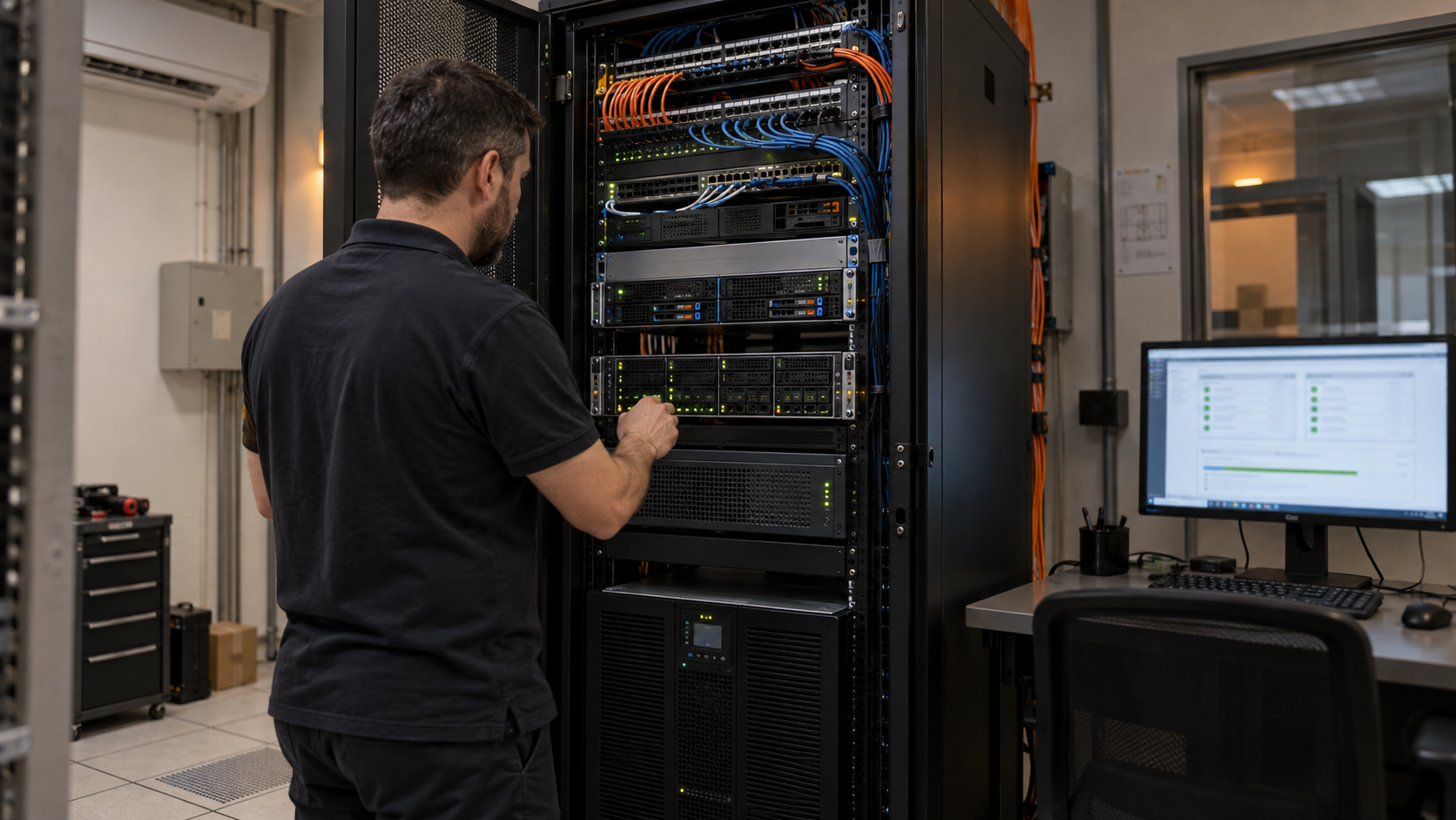 Técnico administrando servidores redundantes e monitorando a disponibilidade da infraestrutura.